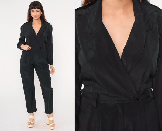 90s Black Jumpsuit V-Neck Wrap High Waisted Straight Leg Long Sleeve Small