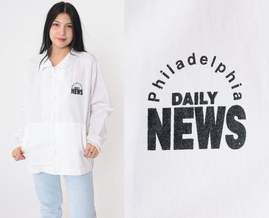 90s Philadelphia Daily News Windbreaker Jacket White Zip-Up Large