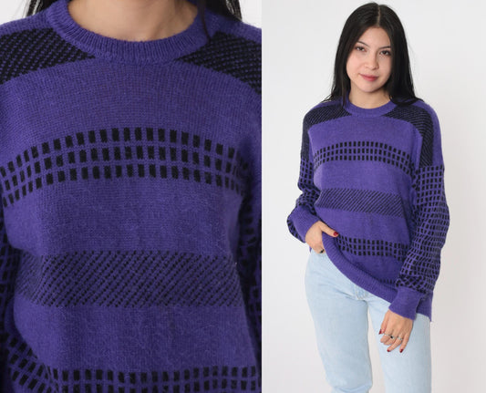 80s Purple Striped Wool Blend Crewneck Pullover Sweater Grid Print Medium