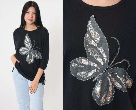 80s Sequin Butterfly T-Shirt Silver Beaded Graphic 3/4 Sleeve Medium