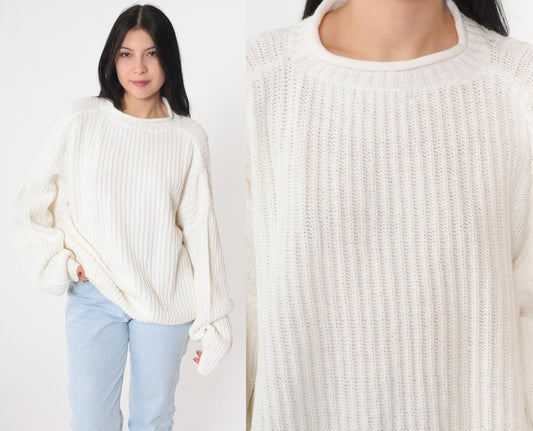 90s Structure White Ramie Cotton Roll Neck Sweater Ribbed Knit Large L