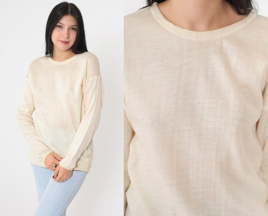 80s Space Man Wool Sweater Cream Crewneck Knit Medium