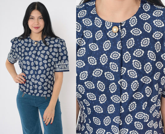 80s Blue Geometric Medallion Puff Sleeve Blouse Pearl Button Small