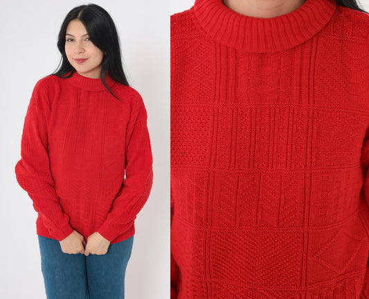 80s Red Textured Turtleneck Sweater Acrylic Knit Pullover Medium M