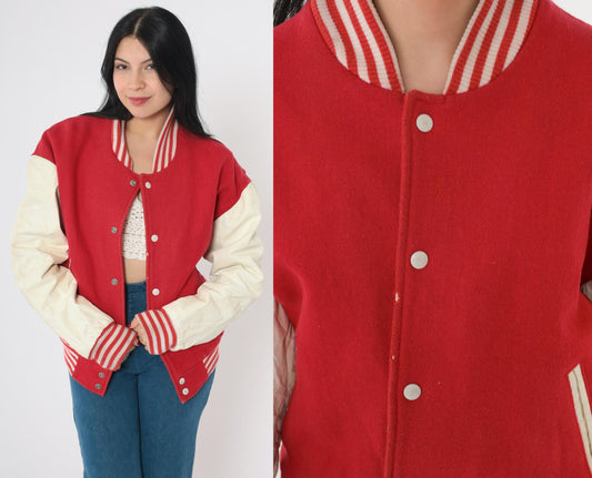 80s Red Wool Varsity Jacket Leather Sleeves Distressed Snap Medium M
