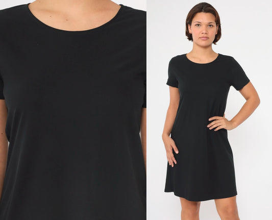 90s Black Mini Shift Dress Short Sleeve Pullover Medium Petite