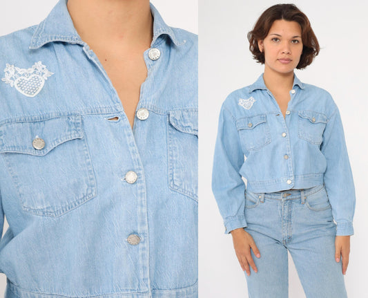 90s Light Wash Denim Crop Shirt Lace Heart Detail Button Up Small