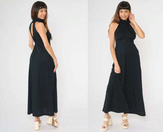 70s Black Maxi Dress Racerback Keyhole Cutout Empire Waist Turtleneck XS