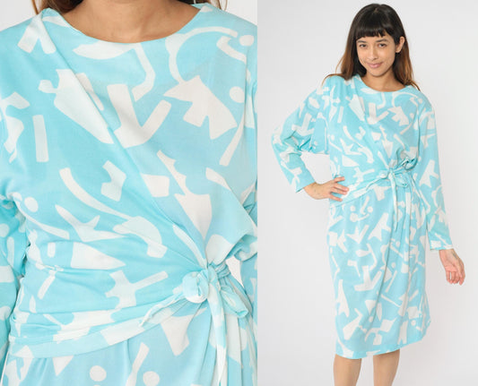 80s Blue White Abstract Geometric Dolman Sleeve Midi Dress Large L