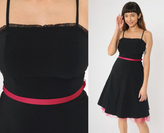 90s City Triangles Black Midi Dress Hot Pink Tulle Spaghetti Strap Small
