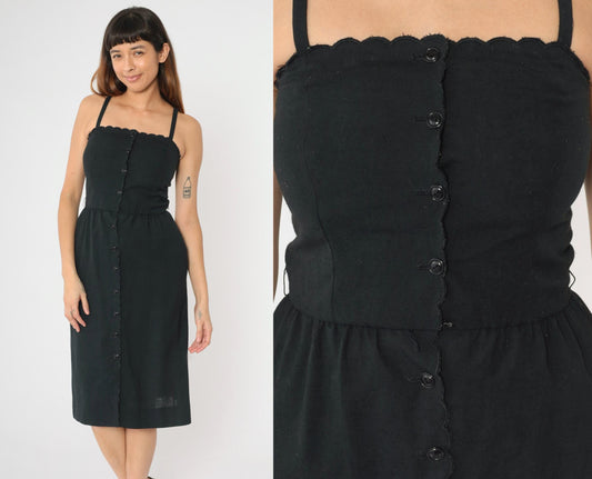 80s Black Midi Sundress Scalloped Neckline Button Front High Waist Spaghetti Strap XS