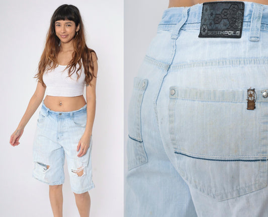 Y2K South Pole Denim Shorts Light Wash Ripped High Waist Knee Length 32
