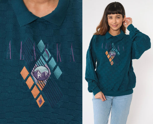 90s Alaska Wilderness Club Teal Sweatshirt Collared Cotton Large L