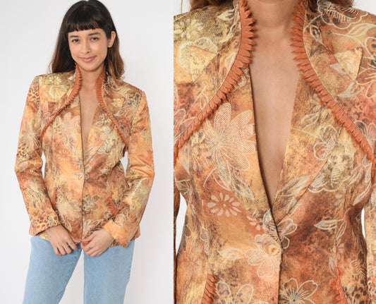 90s Floral Jacquard Blazer Leopard Print Fringe Trim Deep V Burnt Orange Small