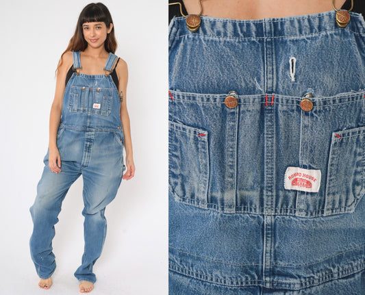 90s Round House Denim Overalls Distressed Blue Workwear Unisex Small