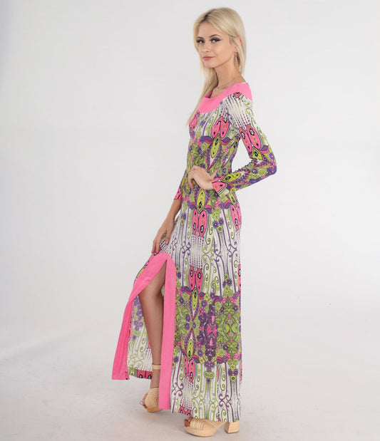 1970s Psychedelic Floral Maxi Dress Long Sleeve Hot Pink Lime Green Small