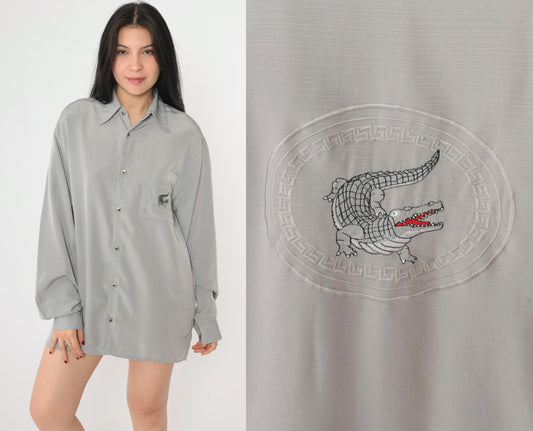 Y2K Danesi Grey Microfiber Button-Up Shirt Dragon Embroidered Men's Small