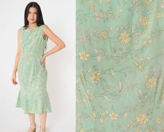 90s R&K Originals Floral Midi Dress Green Yellow Pink Sleeveless Medium