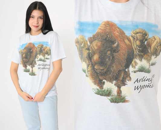 90s Buffalo Arlington Wyoming Graphic T-Shirt Flecked White Blue Small