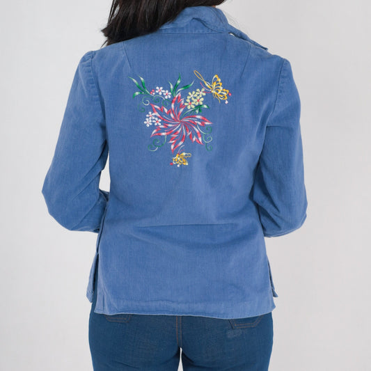 70s Floral Embroidered Denim Shirt Blue Cotton Button-Up Small