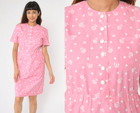80s Pink Floral Heart Print Shirtdress Button-Up Knee-Length Small