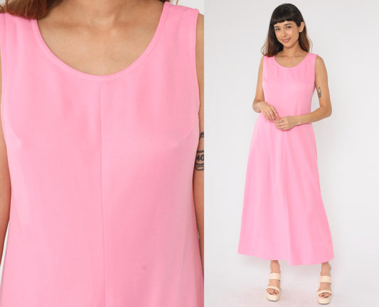 70s Pink Sleeveless Shift Maxi Dress Scoop Neck Ankle Length Large