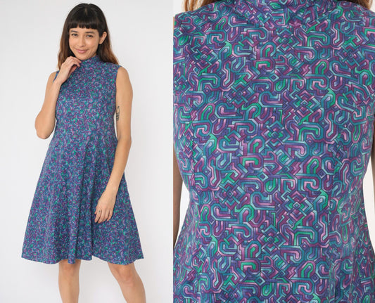 90s Purple Blue Green Abstract Geometric Mock Neck Midi Dress Small
