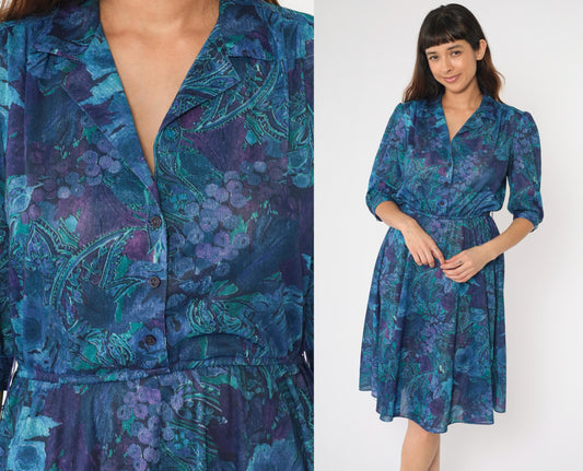 80s Paisley Grape Print Midi Shirtdress Puff Sleeve High Waist Button Up Small Medium