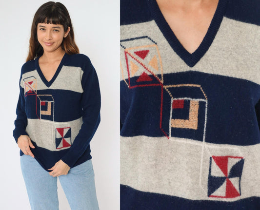 80s Geometric Cube Striped Wool V-Neck Sweater Navy Grey Medium