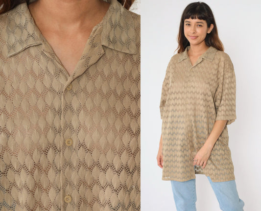 Y2K Sheer Lace Knit Button-Up Shirt Beige Men's Extra Large XL