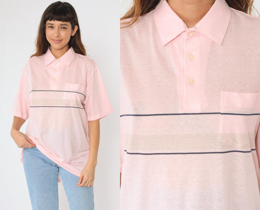 90s Career Club Striped Polo Shirt Pink Men's Extra Large Tall