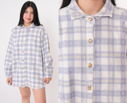 90s Cherokee Plaid Fleece Shirt Jacket Purple White Button Up Large