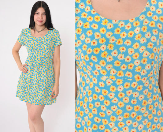 90s Byer Too! Floral Mini Dress Empire Waist Blue Yellow Small