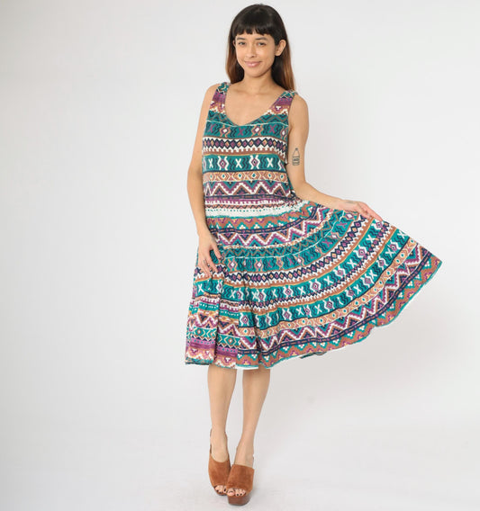 90s Fredericks of Hollywood Southwestern Midi Dress Geometric Patchwork Sleeveless Small