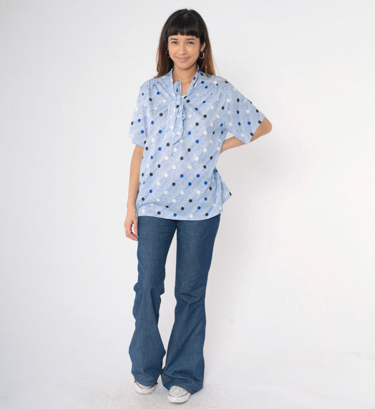 80s Tiger Lily Polka Dot Ascot Blouse Blue White Striped Short Sleeve Extra Large