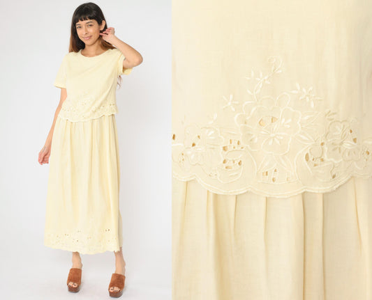 Y2K Coldwater Creek Floral Embroidered Maxi Dress Yellow Eyelet Small 6