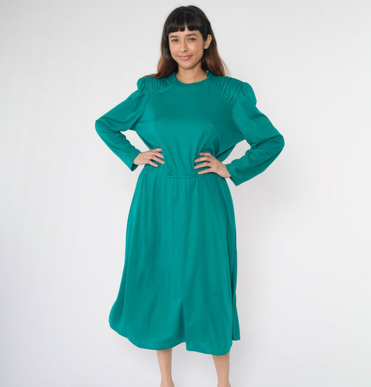 80s Teal Midi Dress Puff Sleeve High Waist Ruched Shoulders Large L