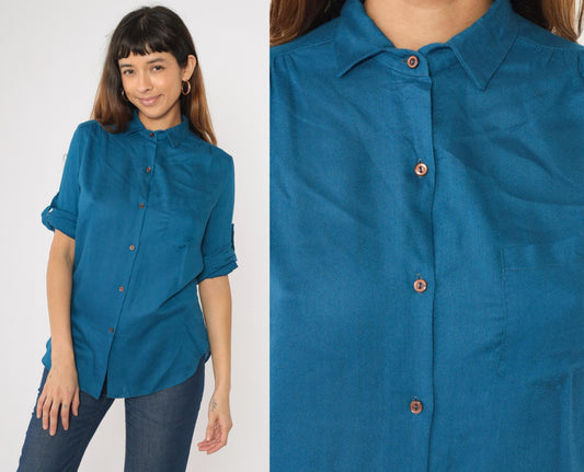 80s Blue Button-Up Blouse Roll Tab Sleeves Chest Pocket Small