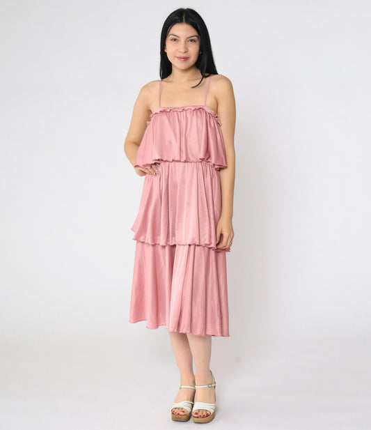 70s Tiered Disco Dress Pink Spaghetti Strap Midi Elastic Waist Medium