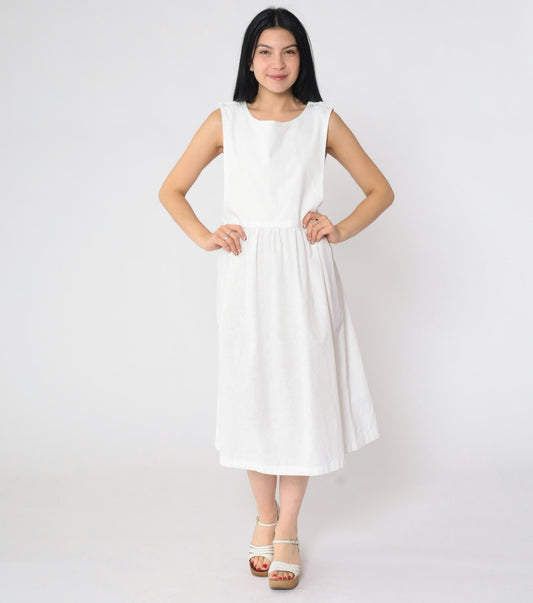 80s White Pinafore Midi Dress High Waist Low Armhole Sleeveless Medium