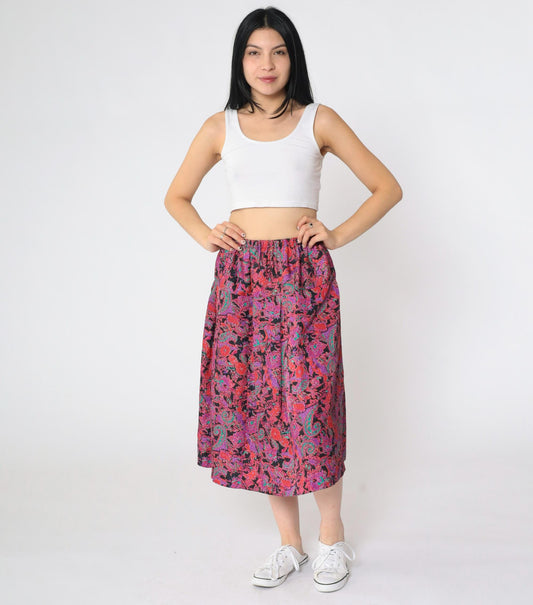 80s Paisley Floral Jacquard A-Line Midi Skirt Red Purple Elastic Waist Small Medium