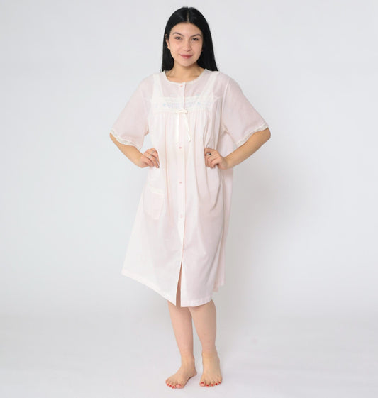 70s Shadowline Pink Robe Lace Floral Embroidered Button-Up Nightgown Large L