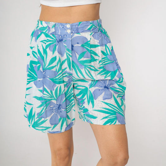 90s New Aura Floral Shorts Teal Periwinkle High Waisted Pleated Rayon Small