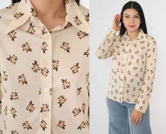 70s Floral Cream Button-Up Blouse Pointed Collar Long Sleeve Small