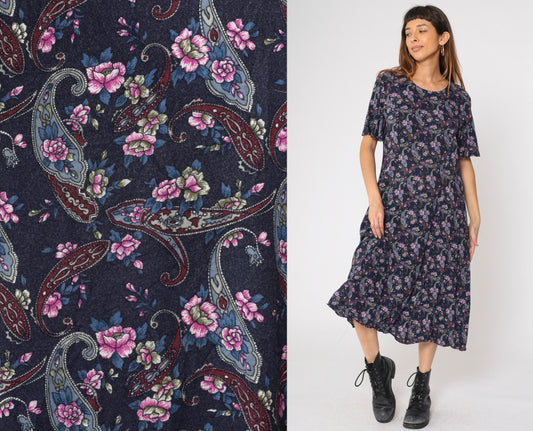90s Kathie Lee Paisley Floral Midi Dress Dark Blue Rayon Princess Seam Medium Large