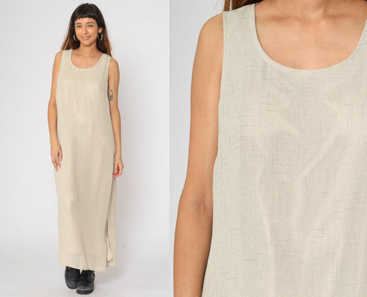 90s Dressbarn Beige Maxi Dress Sleeveless Scoop Neck Side Slit Large