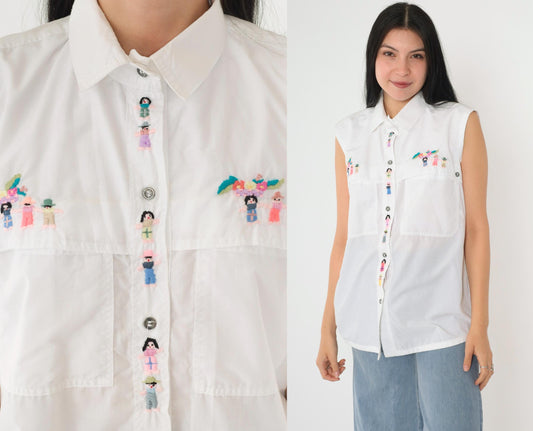 90s Embroidered White Tank Top Sleeveless Button Up Blouse Chest Pocket Medium