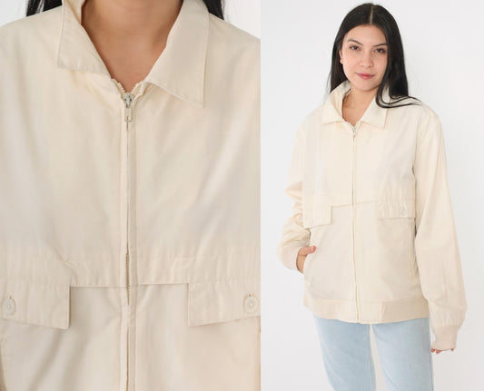 80s Christopher Rand Cream Windbreaker Jacket Plaid Lined Knit Cuff Medium