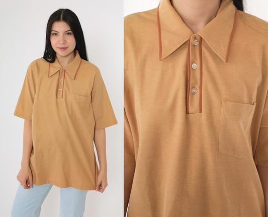 70s Tan Polo Shirt Brown Trim Collared Short Sleeve Men's Large