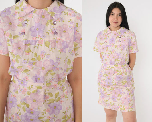 60s Floral Shift Mini Dress Pink Purple Short Sleeve Belted Medium M